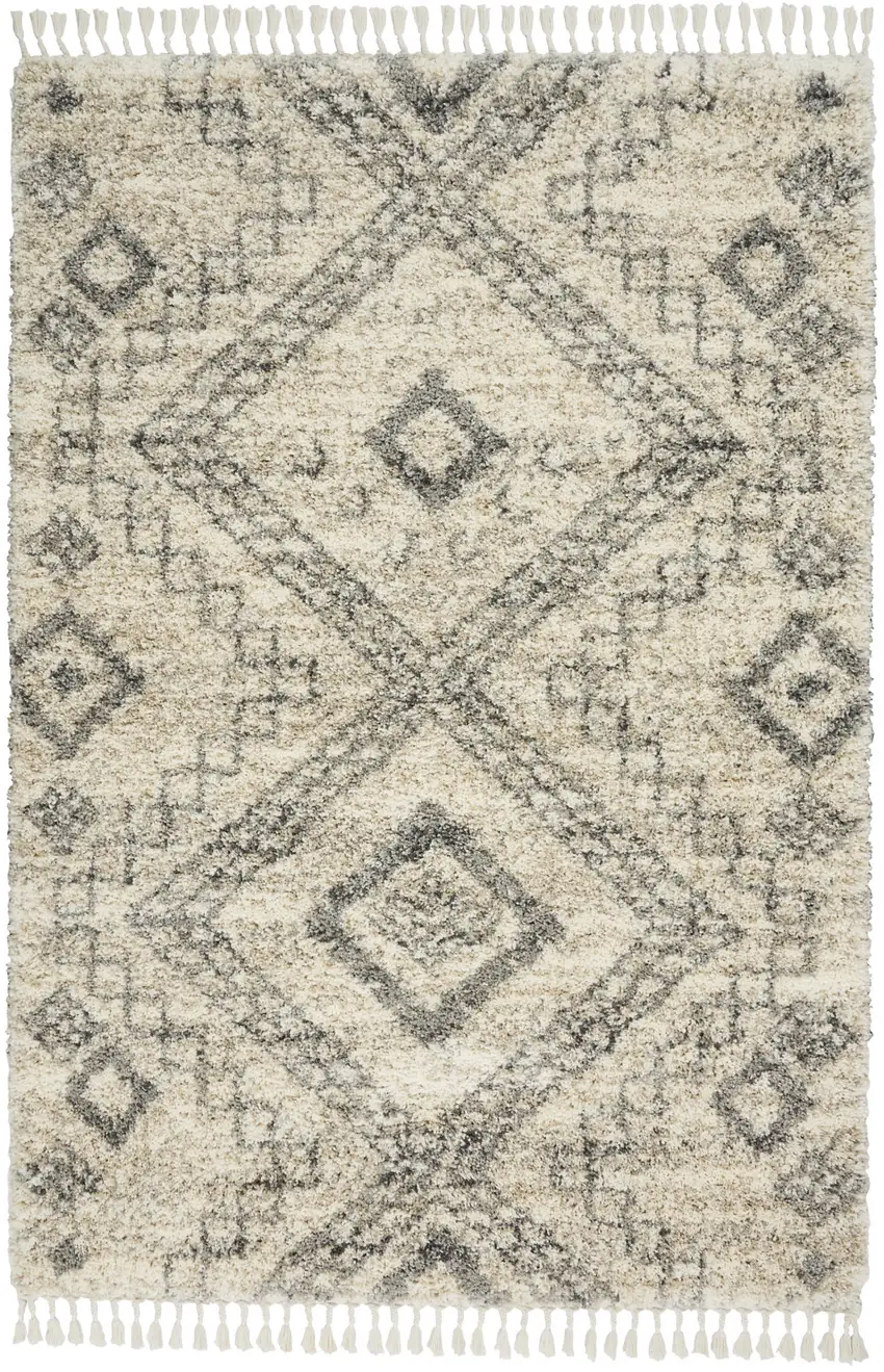 Beige And Gray Geometric Shag Non Skid Area Rug With Fringe Photo 4