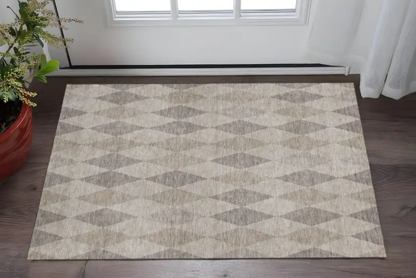 Beige And Gray Geometric Washable Area Rug With UV Protection Photo 2