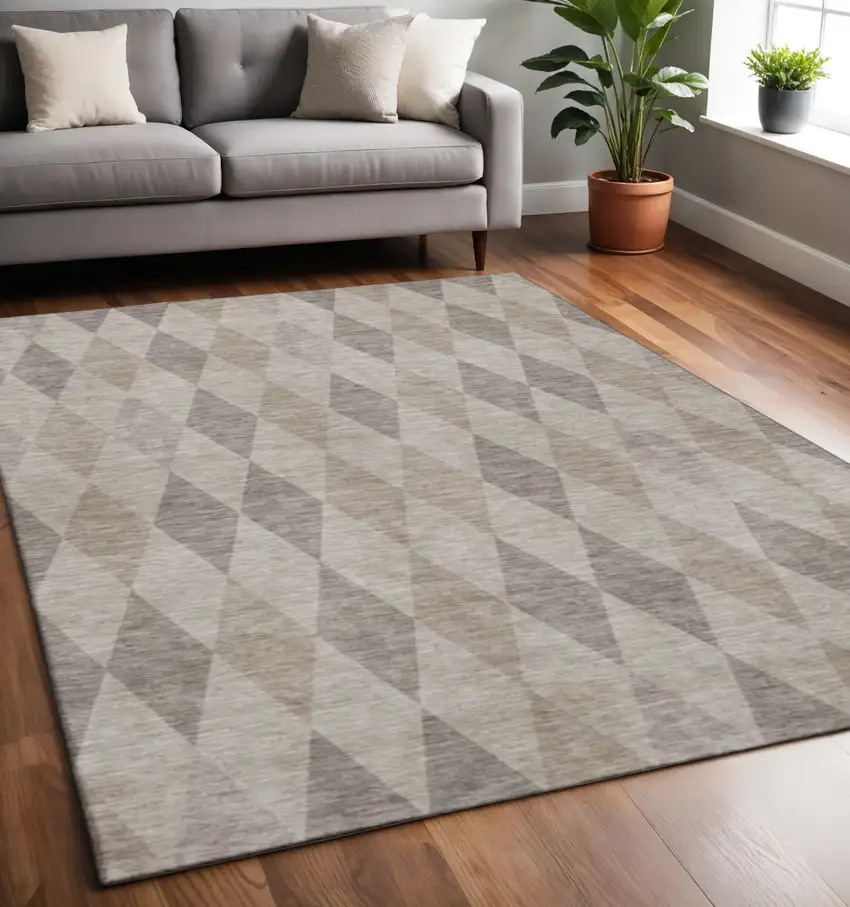 Beige And Gray Geometric Washable Area Rug With UV Protection Photo 2