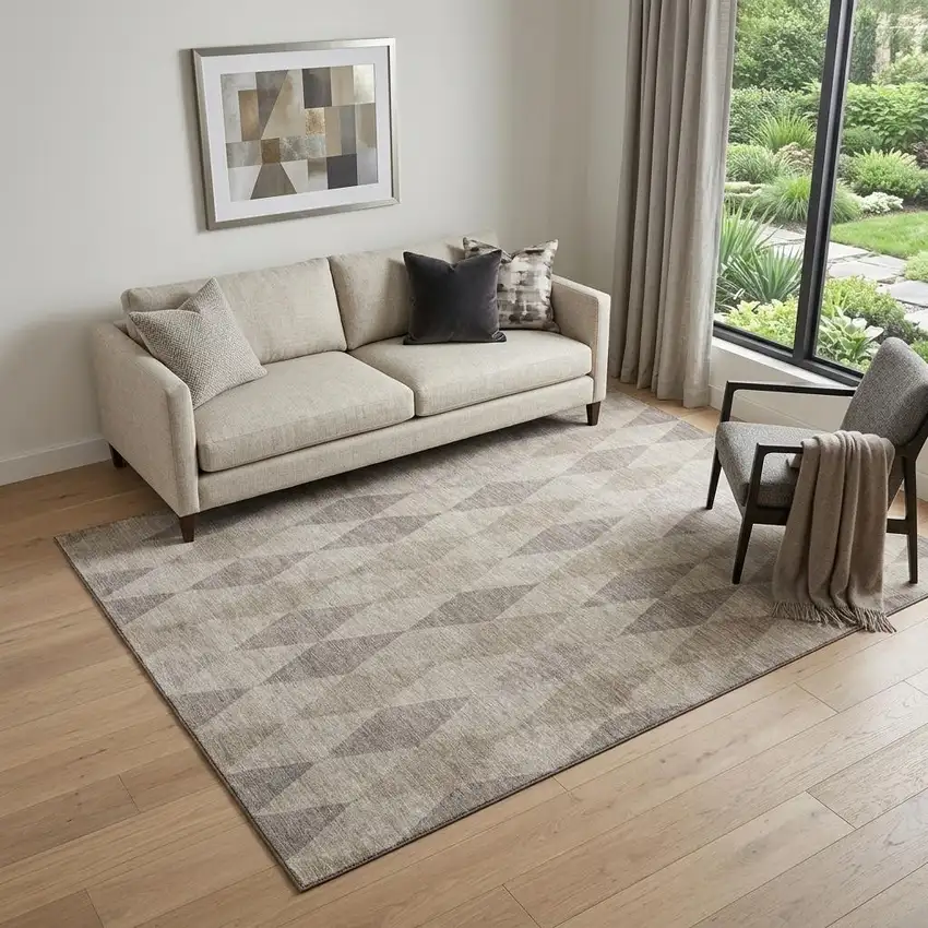 Beige And Gray Geometric Washable Area Rug With UV Protection Photo 1