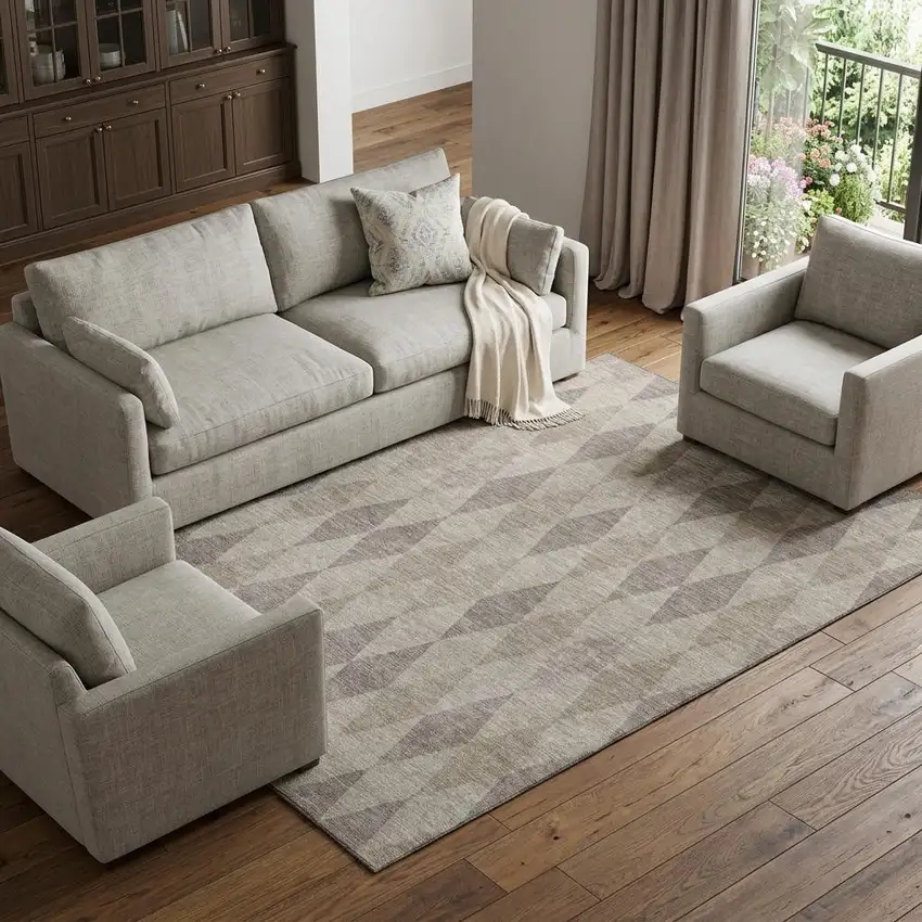 Beige And Gray Geometric Washable Area Rug With UV Protection Photo 1