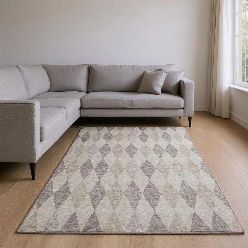 Beige And Gray Geometric Washable Area Rug With UV Protection Photo 2