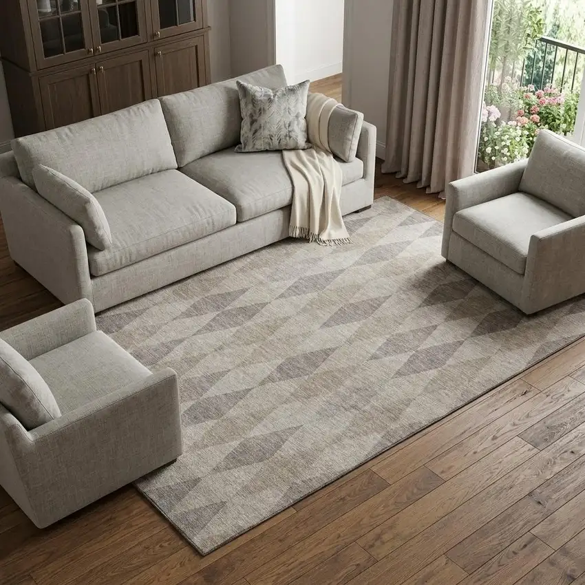 Beige And Gray Geometric Washable Area Rug With UV Protection Photo 1