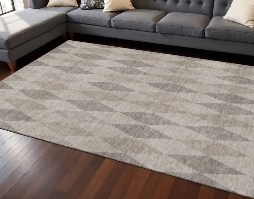Beige And Gray Geometric Washable Area Rug With UV Protection Photo 2