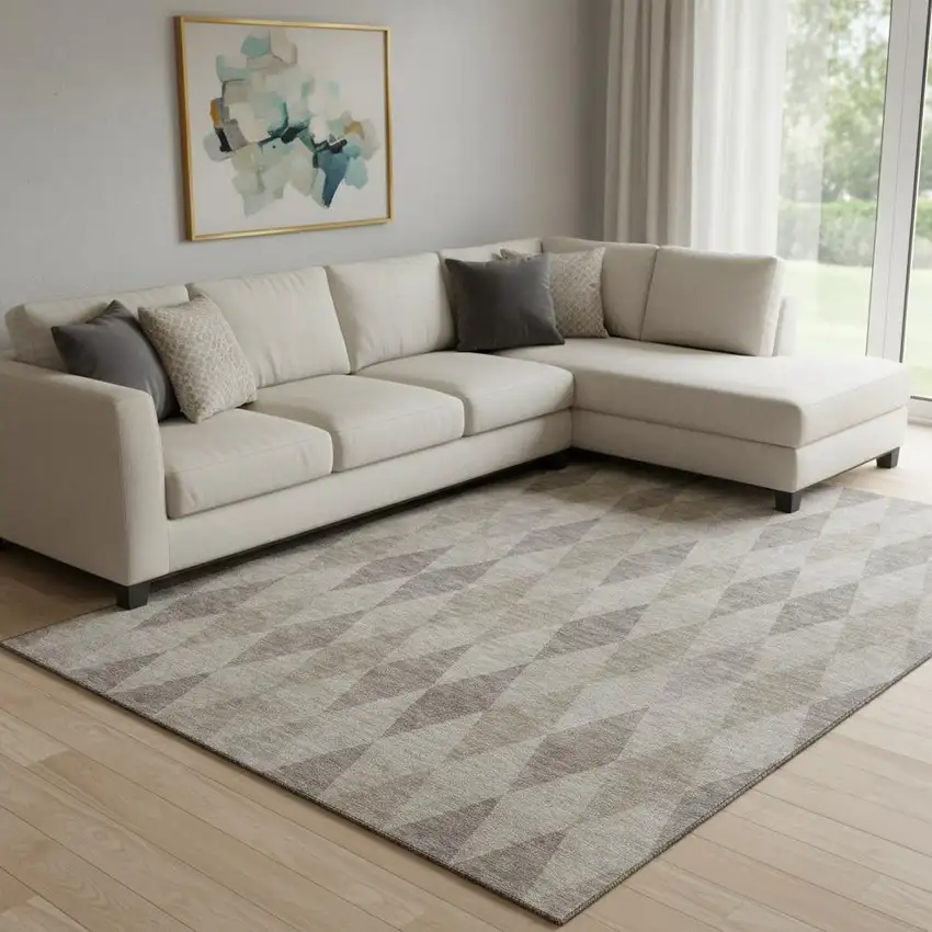 Beige And Gray Geometric Washable Area Rug With UV Protection Photo 1