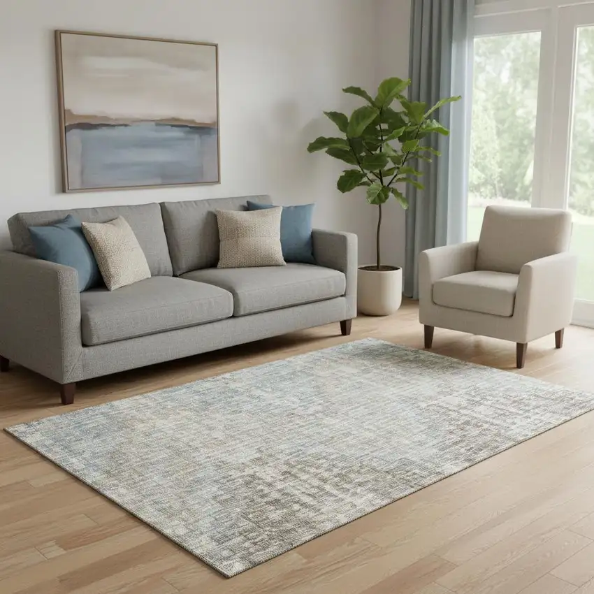 Beige And Gray Geometric Washable Area Rug With UV Protection Photo 2