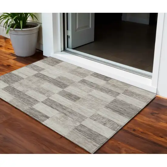 Beige And Gray Geometric Washable Indoor Outdoor Area Rug Photo 1