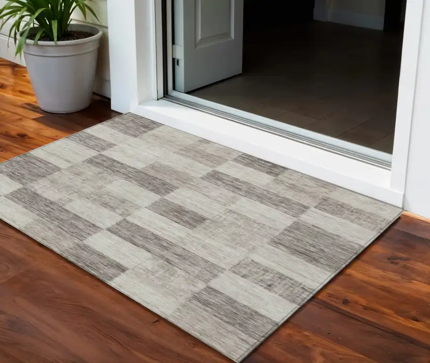 Beige And Gray Geometric Washable Indoor Outdoor Area Rug Photo 1