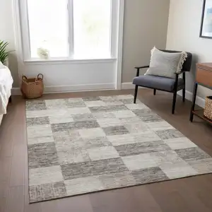 Photo of Beige And Gray Geometric Washable Indoor Outdoor Area Rug