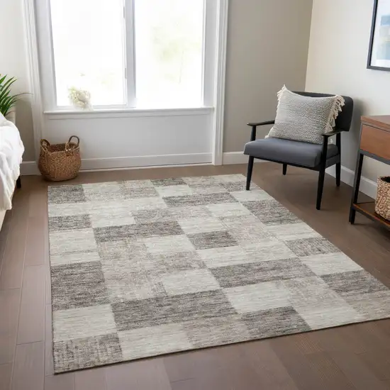 Beige And Gray Geometric Washable Indoor Outdoor Area Rug Photo 9
