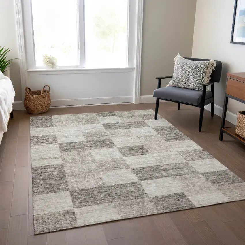 Beige And Gray Geometric Washable Indoor Outdoor Area Rug Photo 9