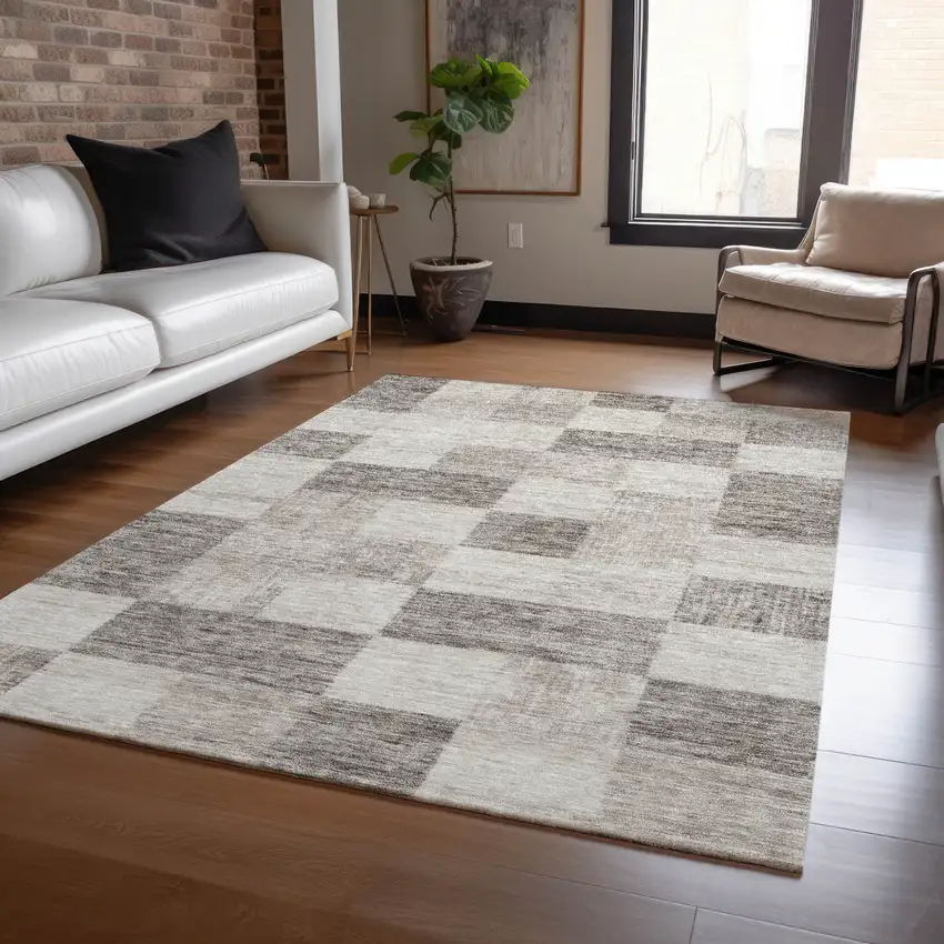 Beige And Gray Geometric Washable Indoor Outdoor Area Rug Photo 8