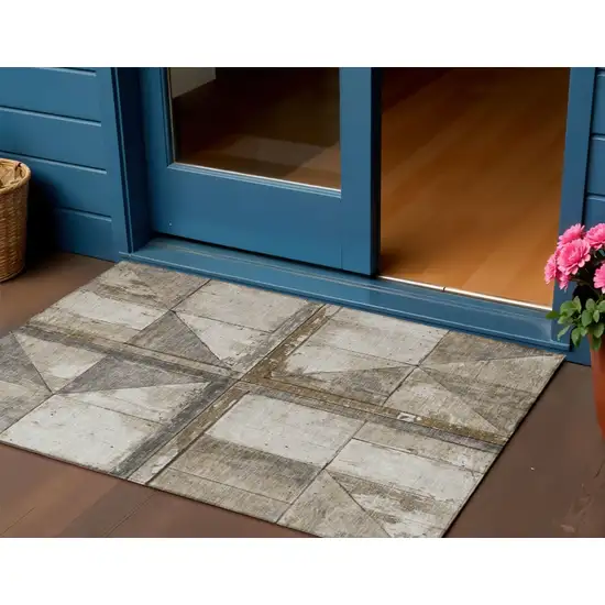 Beige And Gray Geometric Washable Indoor Outdoor Area Rug Photo 2