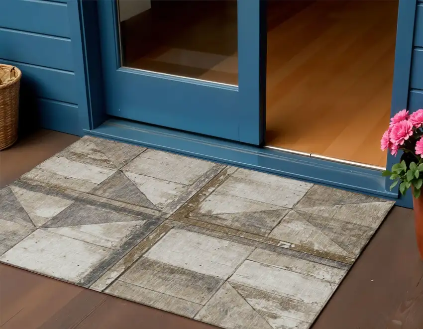 Beige And Gray Geometric Washable Indoor Outdoor Area Rug Photo 2