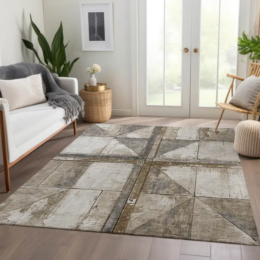 Beige And Gray Geometric Washable Indoor Outdoor Area Rug Photo 8