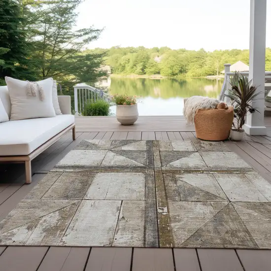 Beige And Gray Geometric Washable Indoor Outdoor Area Rug Photo 6