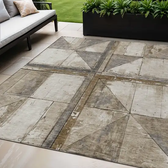 Beige And Gray Geometric Washable Indoor Outdoor Area Rug Photo 2