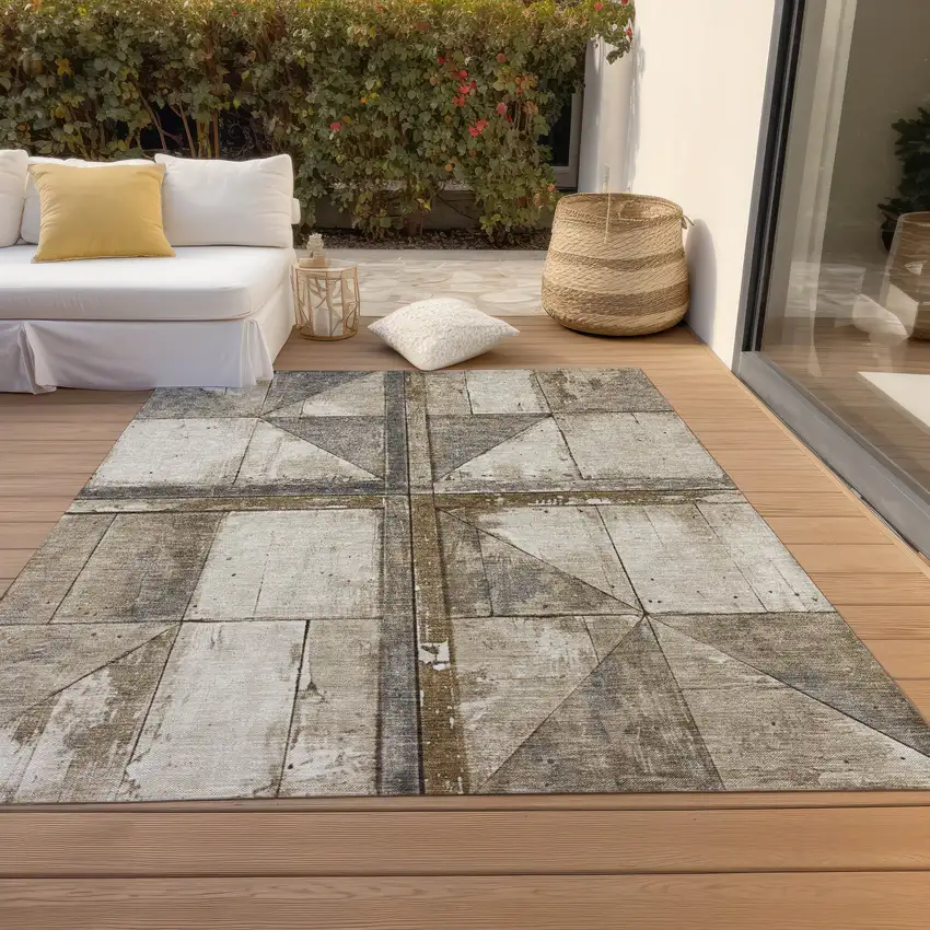 Beige And Gray Geometric Washable Indoor Outdoor Area Rug Photo 9