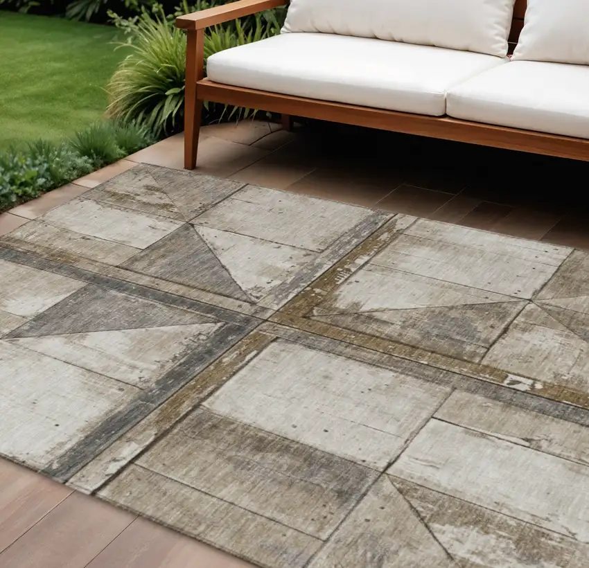 Beige And Gray Geometric Washable Indoor Outdoor Area Rug Photo 2