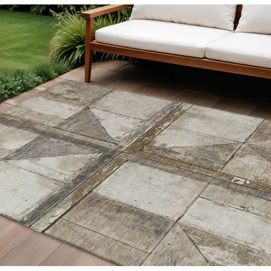 Beige And Gray Geometric Washable Indoor Outdoor Area Rug Photo 2