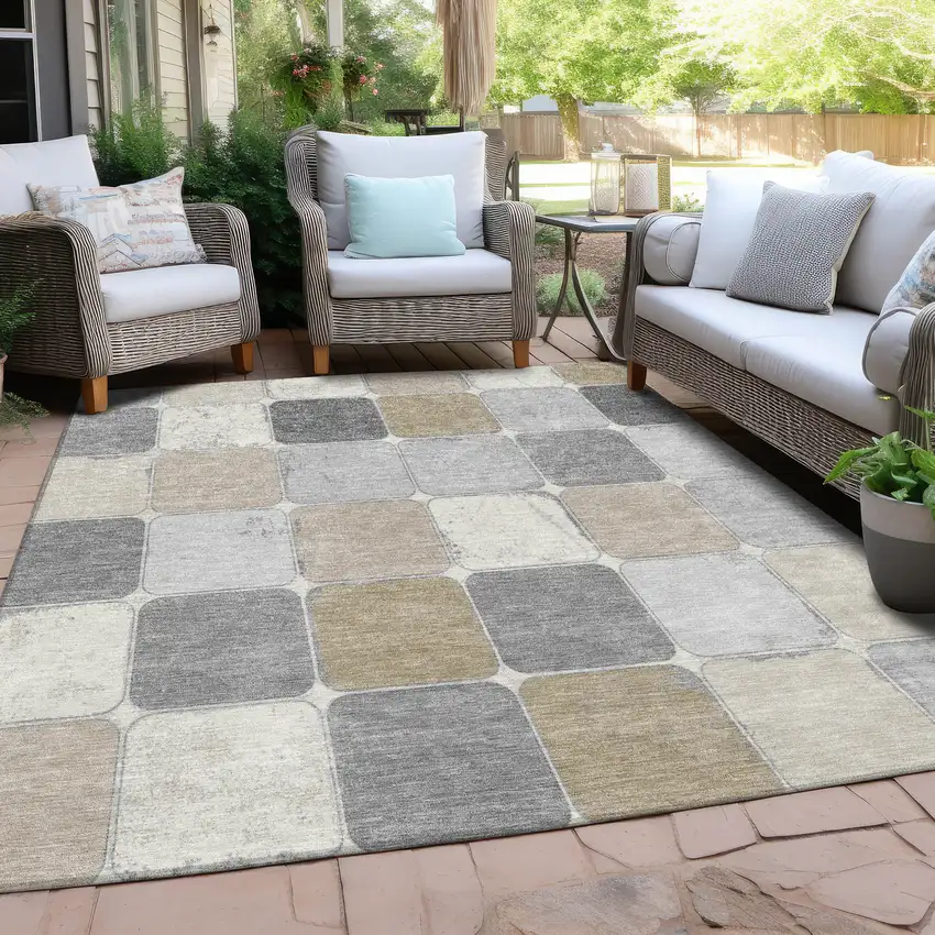 Beige And Gray Geometric Washable Indoor Outdoor Area Rug Photo 6