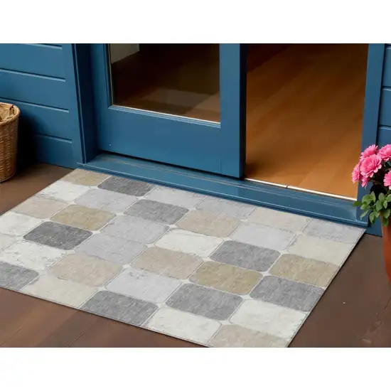 Beige And Gray Geometric Washable Indoor Outdoor Area Rug Photo 2