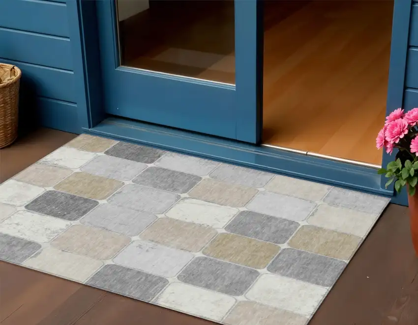 Beige And Gray Geometric Washable Indoor Outdoor Area Rug Photo 2