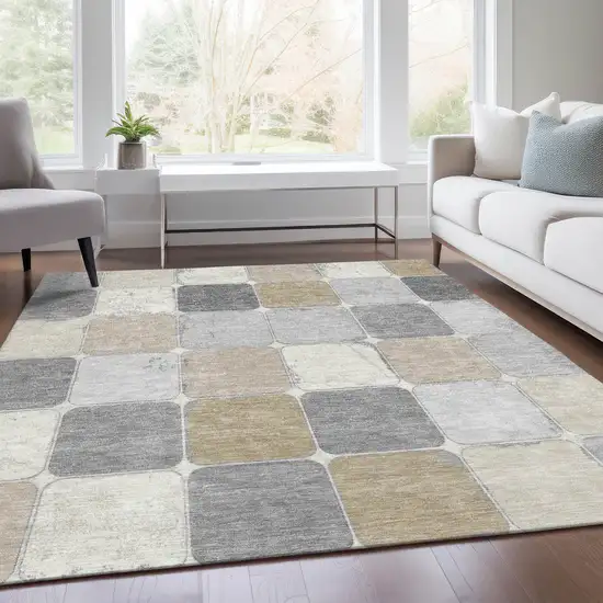 Beige And Gray Geometric Washable Indoor Outdoor Area Rug Photo 8