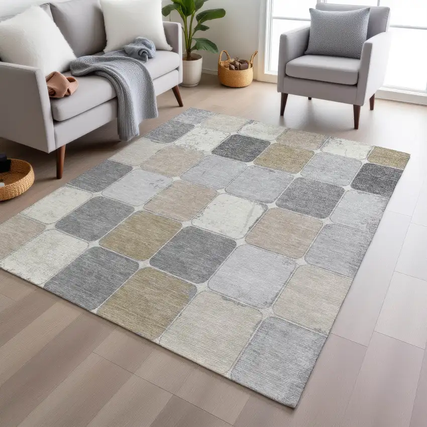 Beige And Gray Geometric Washable Indoor Outdoor Area Rug Photo 7