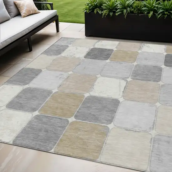 Beige And Gray Geometric Washable Indoor Outdoor Area Rug Photo 2