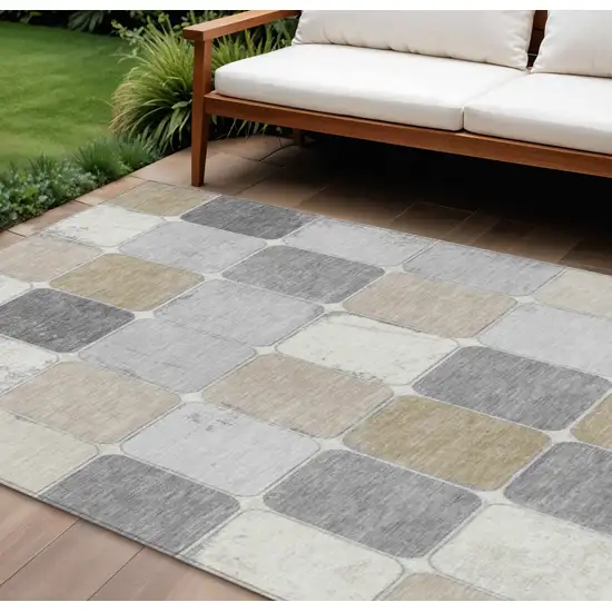 Beige And Gray Geometric Washable Indoor Outdoor Area Rug Photo 2
