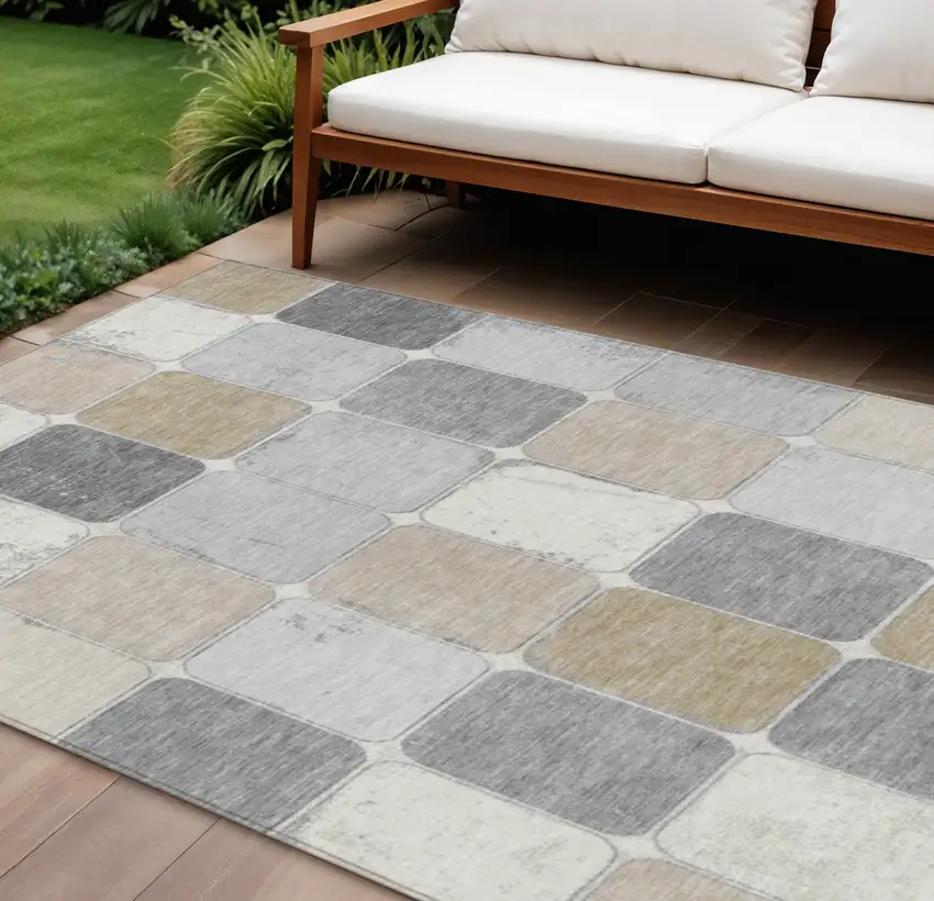 Beige And Gray Geometric Washable Indoor Outdoor Area Rug Photo 2