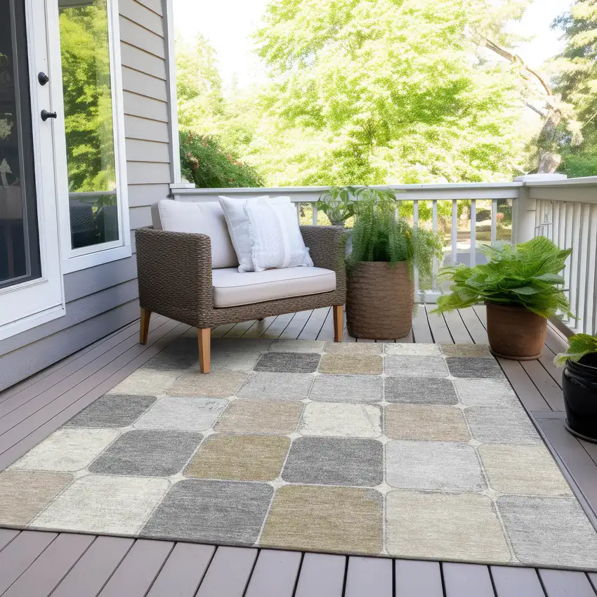 Beige And Gray Geometric Washable Indoor Outdoor Area Rug Photo 9