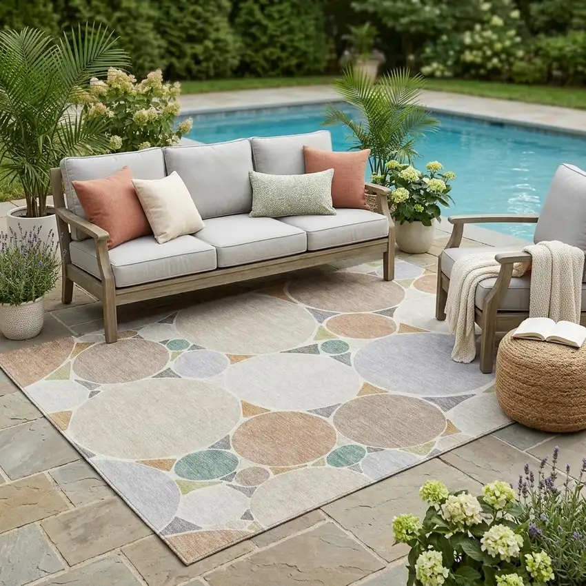 Beige And Gray Geometric Washable Indoor Outdoor Area Rug Photo 1