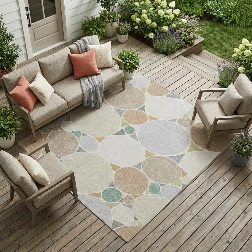 Beige And Gray Geometric Washable Indoor Outdoor Area Rug Photo 1