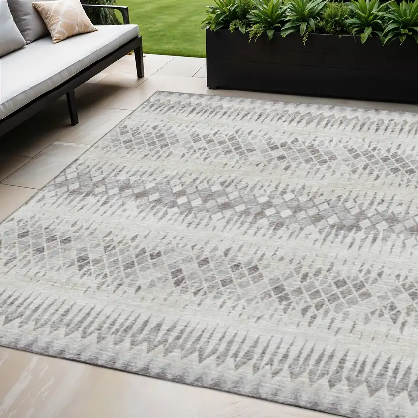 Beige And Gray Ikat Washable Indoor Outdoor Area Rug Photo 1