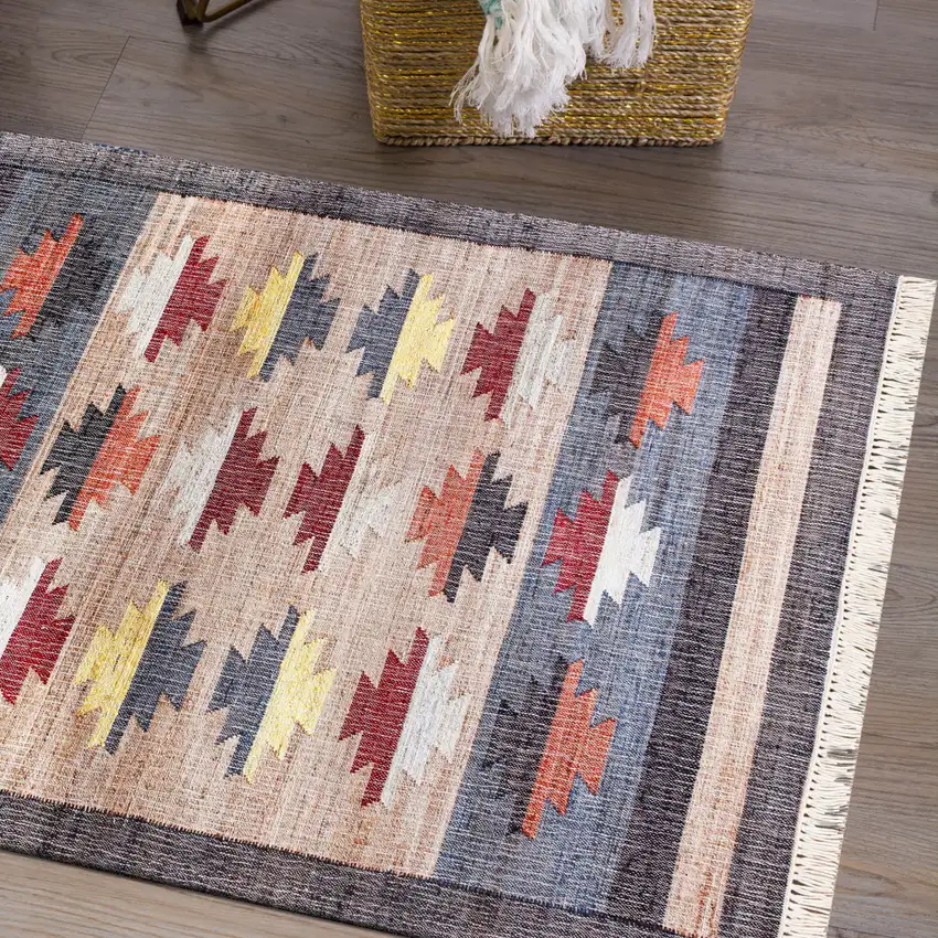 Beige And Gray Jute Geometric Hand Woven Square Rug Photo 6