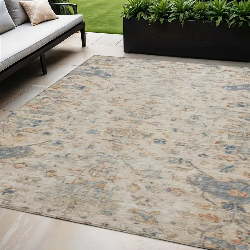 Beige And Gray Medallion Washable Indoor Outdoor Area Rug Photo 1