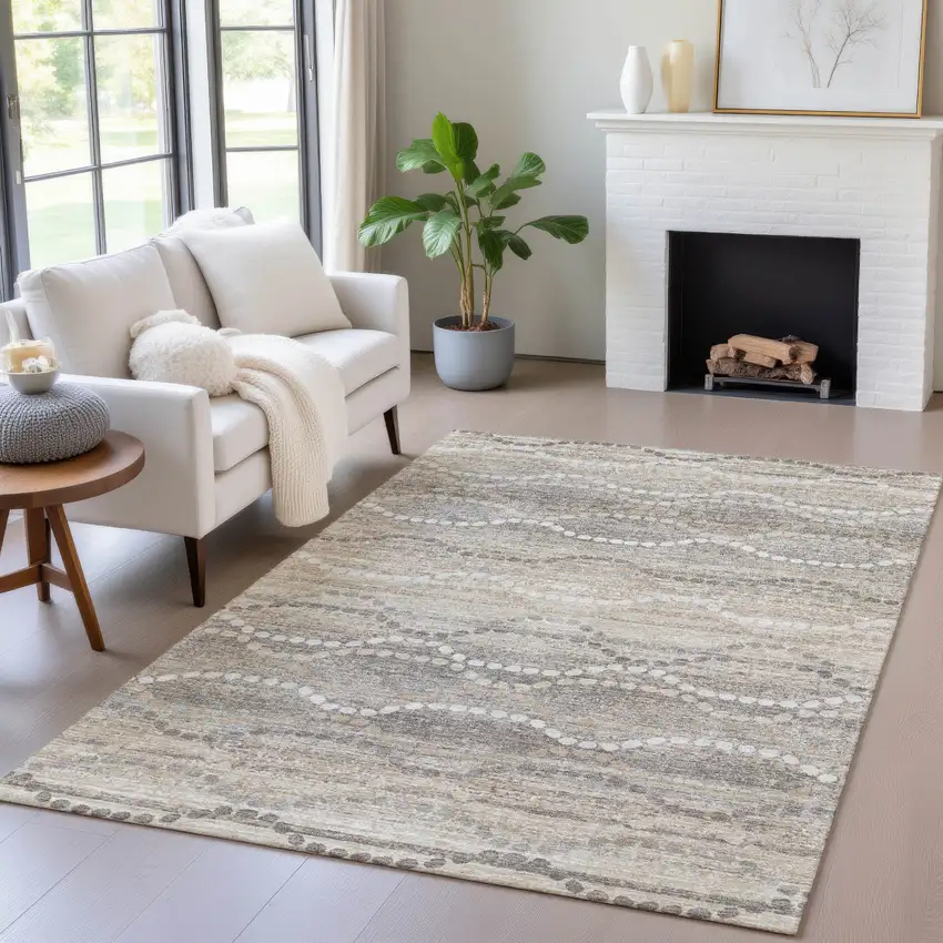 Beige And Gray Ogee Washable Indoor Outdoor Area Rug Photo 6