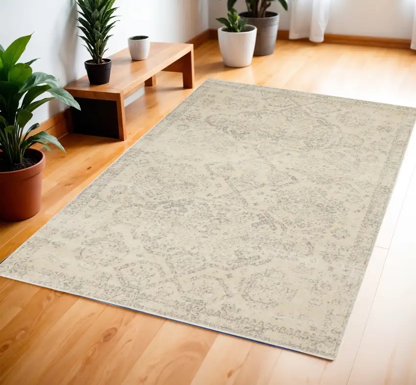 Beige And Gray Oriental Distressed Area Rug Photo 1