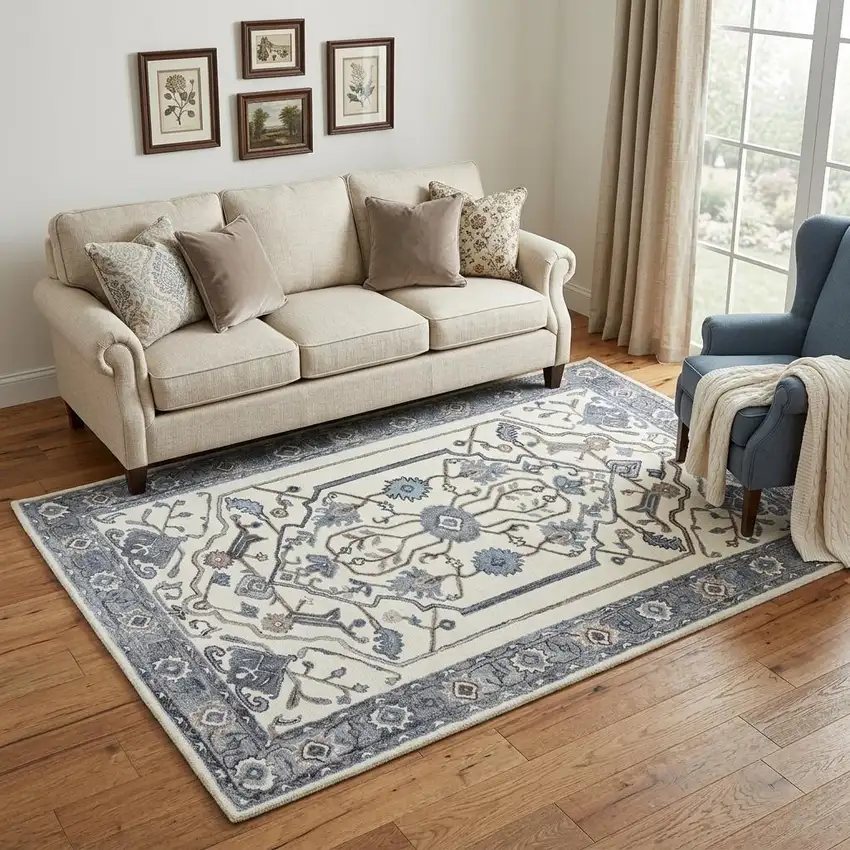 Beige And Gray Oriental Hand Tufted Area Rug Photo 1