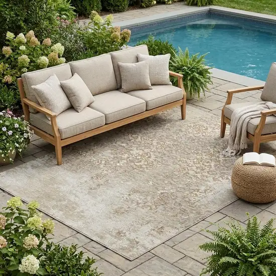 Beige And Gray Oriental Washable Indoor Outdoor Area Rug Photo 1