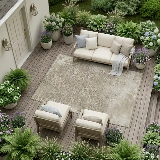 Beige And Gray Oriental Washable Indoor Outdoor Area Rug Photo 1