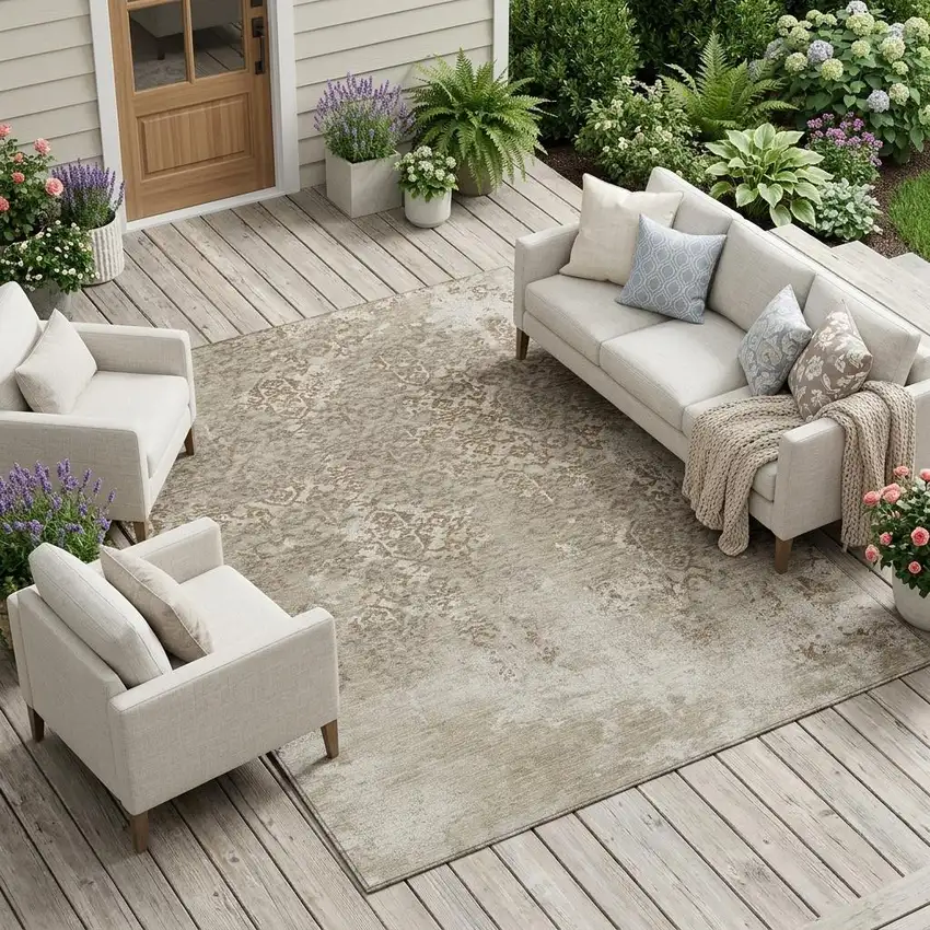 Beige And Gray Oriental Washable Indoor Outdoor Area Rug Photo 1