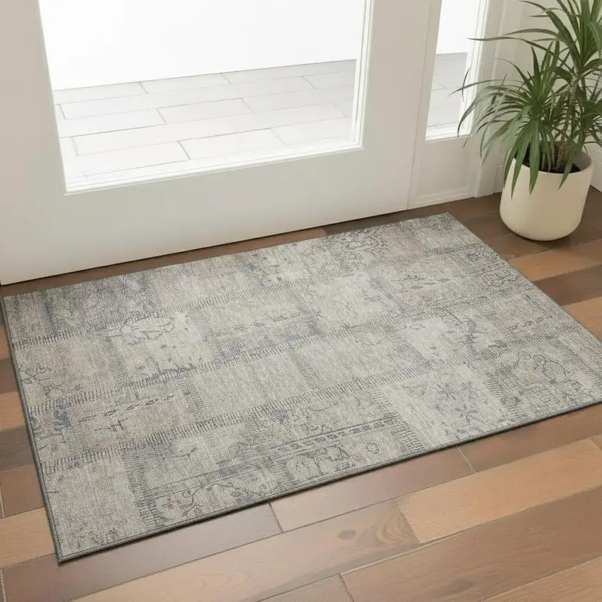 Beige And Gray Patchwork Washable Area Rug With UV Protection Photo 1
