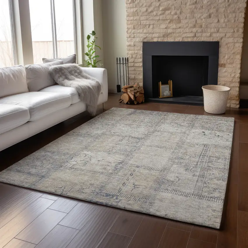 Beige And Gray Patchwork Washable Area Rug With UV Protection Photo 4