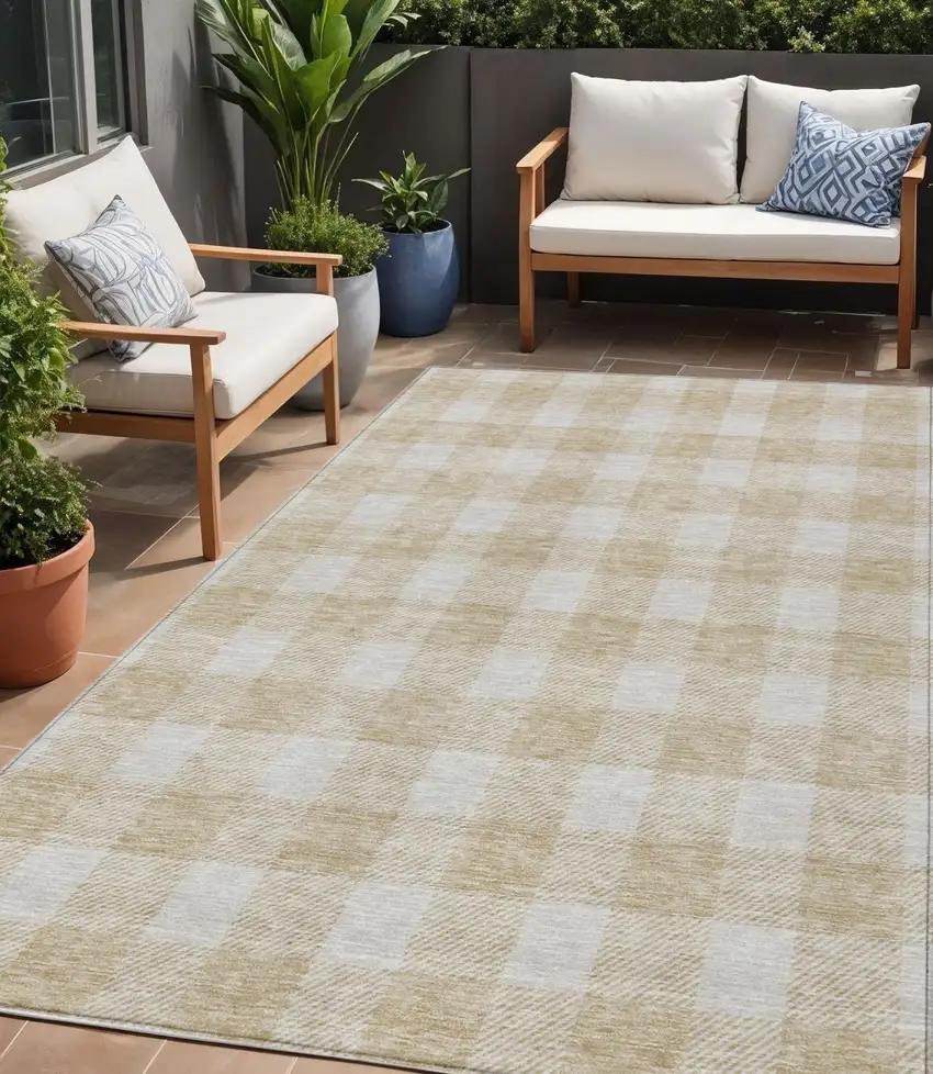 Beige And Gray Plaid Washable Indoor Outdoor Area Rug Photo 1