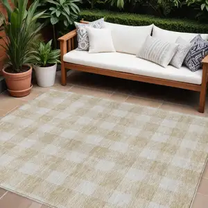 Photo of Beige And Gray Plaid Washable Indoor Outdoor Area Rug