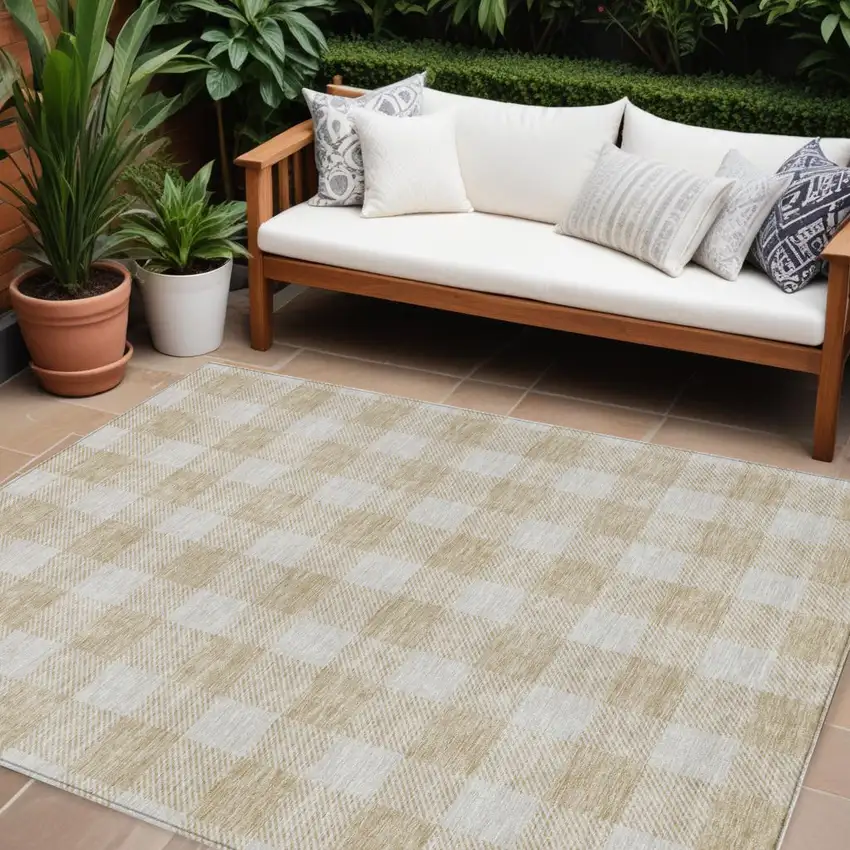 Beige And Gray Plaid Washable Indoor Outdoor Area Rug Photo 1