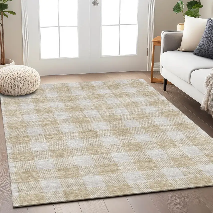 Beige And Gray Plaid Washable Indoor Outdoor Area Rug Photo 9